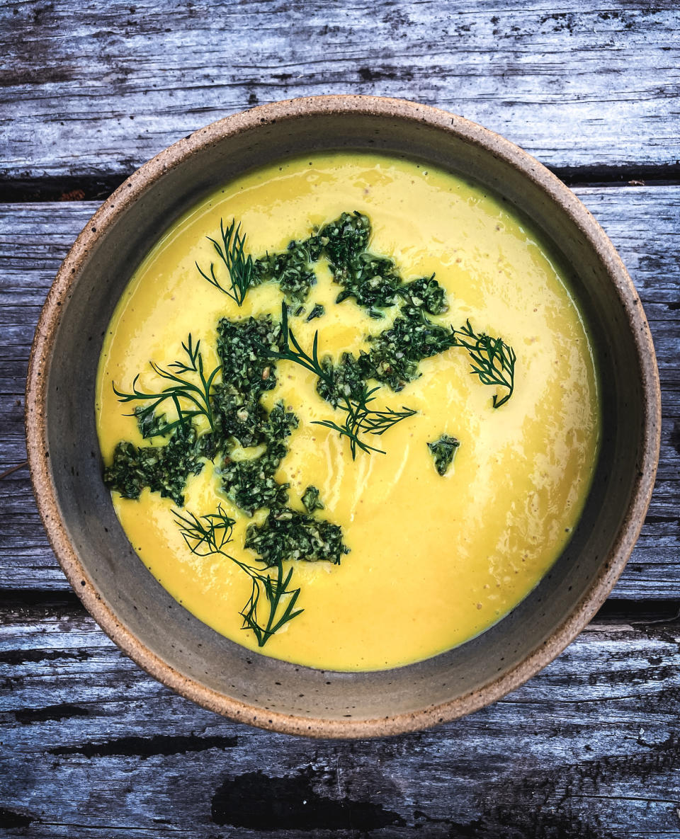 Chilled Golden Beet Soup with Dill & Beet Greens Gremolata