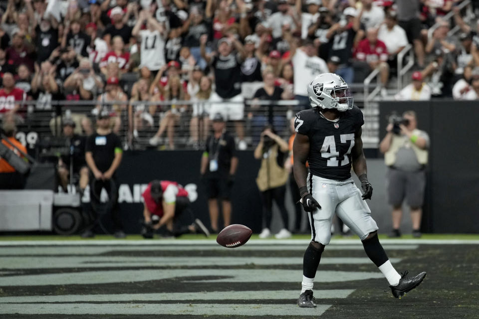 Las Vegas Raiders running back Sincere McCormick (47) celebrates his touchdown against the San Francisco 49ers during the second half of an NFL preseason football game, Sunday, Aug. 13, 2023, in Las Vegas. (AP Photo/John Locher)