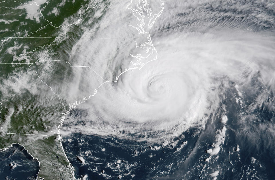 File-This Sept. 14, 2018, file photo shows a satellite image provided by NOAA showing Hurricane Florence on the eastern coast of the United States. The names of two hurricanes that caused widespread devastation from Florida to Virginia last year have been retired. The National Oceanic and Atmospheric Administration says Florence and Michael will be replaced with Francine and Milton. The new names will first appear during the 2024 Atlantic hurricane season. Names are retired when hurricanes are so destructive that recycling them would be insensitive. Eighty-eight names have been dropped from the list for the Atlantic and Caribbean since storms were first named in 1953. (NOAA via AP, File)