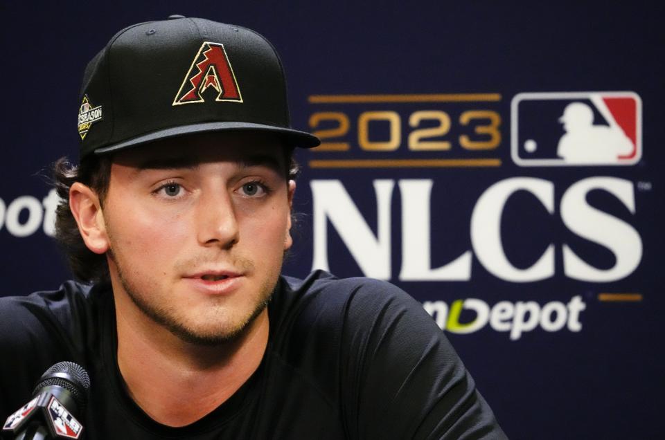 Arizona Diamondbacks starting pitcher Brandon Pfaadt (32) during a news conference before workouts at Chase Field in Phoenix on Oct. 18, 2023.