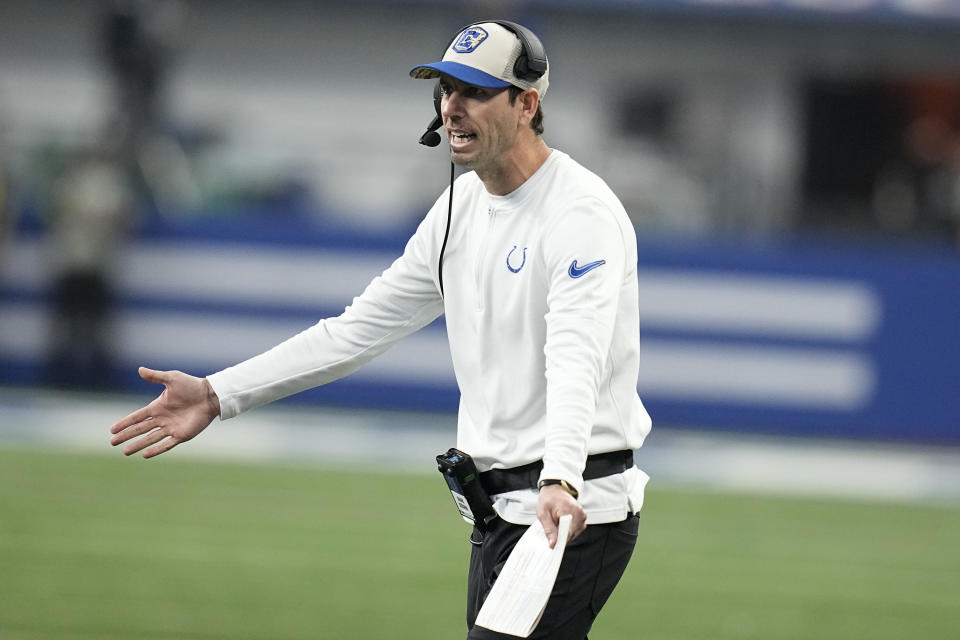 Indianapolis Colts head coach Shane Steichen gestures on the sidelines during the first half of an NFL football game against the Tampa Bay Buccaneers Sunday, Nov. 26, 2023, in Indianapolis. (AP Photo/Darron Cummings)