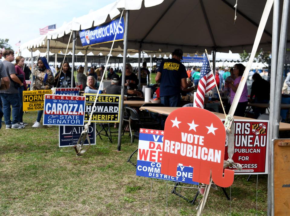 Booth for Republicans at the J. Millard Tawes Crab and Clam Bake Wednesday, Sept. 27, 2023, at Somers Cove Marina in Crisfield, Maryland.