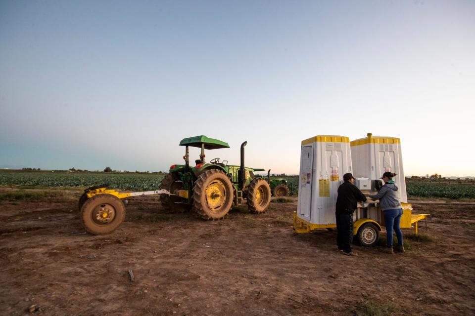 Farmers wash their hands as they prepare to start their day harvesting romanesco cauliflower in Imperial Valley on March 24, 2020. Farm labor is often supply by undocumented labores which do not receive financial help from the federal government. Farmworkers were categorized as "essential" workers.