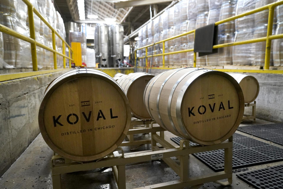 American white oak barrels from Minnesota sit in position at the Koval Distillery to be cleaned out and filled with whiskey Wednesday, Feb. 8, 2023, in Chicago. Spirits have surpassed beer for U.S. market share supremacy, led by a resurgent cocktail culture including the popularity of ready-to-drink concoctions according to the Distilled Spirits Council of the United States. (AP Photo/Charles Rex Arbogast)