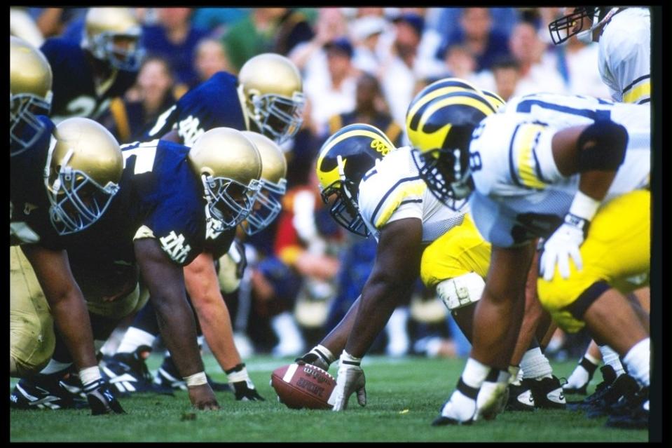 10 Sep 1994: Center Rod Payne of the Michigan Wolverines prepares to snap the ball during a game against the Notre Dame Fighting Irish at Notre Dame Stadium in South Bend, Indiana. Michigan won the game 26-24. Mandatory Credit: Jonathan Daniel /Allsport