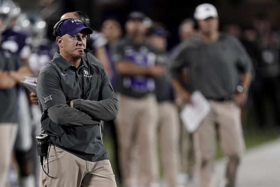 Kansas State head coach Chris Klieman watches during the second half of an NCAA college football game against South Dakota Saturday, Sept. 3, 2022, in Manhattan, Kan. (AP Photo/Charlie Riedel)