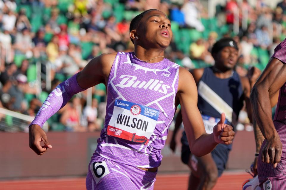Quincy Wilson crosses the finish line third in the 400 meter semifinal with a national high school record time of 44.59 Sunday at the US Olympic Team Trials in Eugene, Oregon.