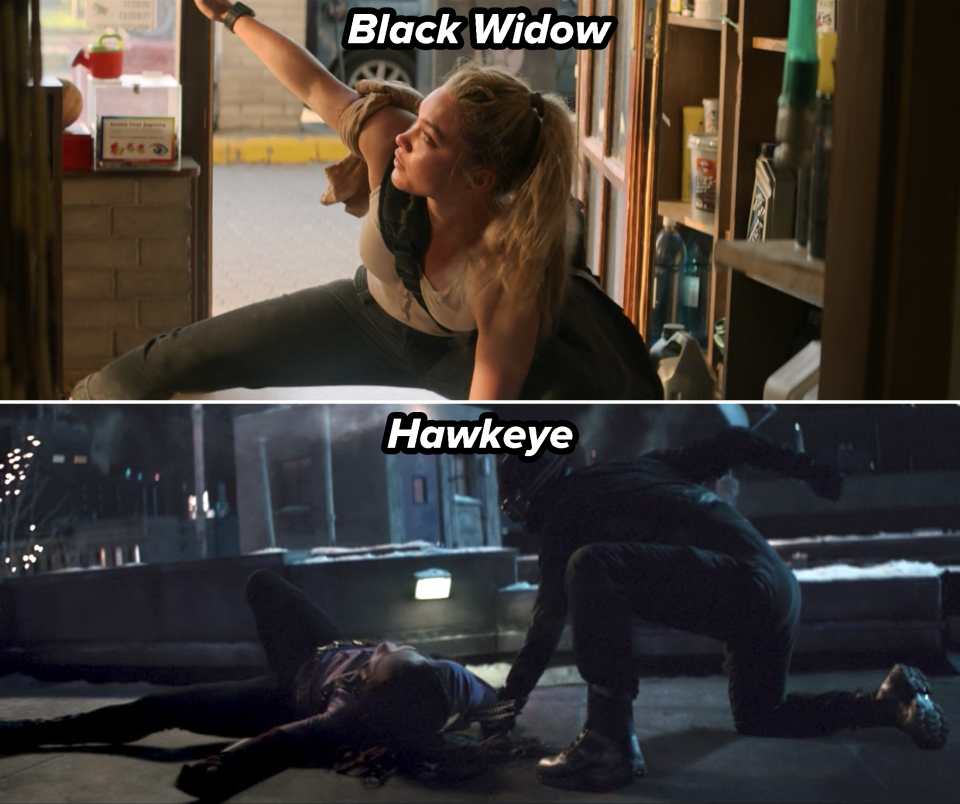 Yelena crouching with one hand on the ground in Black Widow and Hawkeye