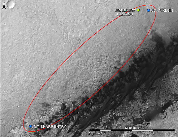 This map shows where NASA's Mars rover Curiosity landed in August 2012 at "Bradbury Landing"; the area where the rover worked from November 2012 through May 2013 at and near the "John Klein" target rock in the "Glenelg" area; and the mission's