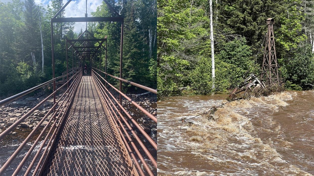 <div>The bridge over the Baptism River at Tettegouche State Park (left) prior to its deterioration due to flooding (right).</div> <strong>(Supplied)</strong>