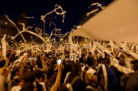 Separatists protest after a verdict in a trial over a banned Catalonia's independence referendum in Barcelona