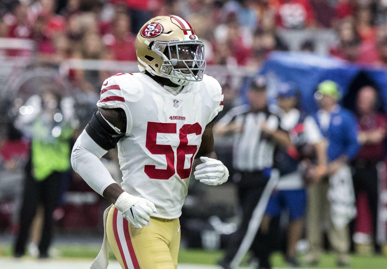 Former San Francisco 49ers linebacker Reuben Foster (56) had domestic violence charges against him dismissed. (AP)