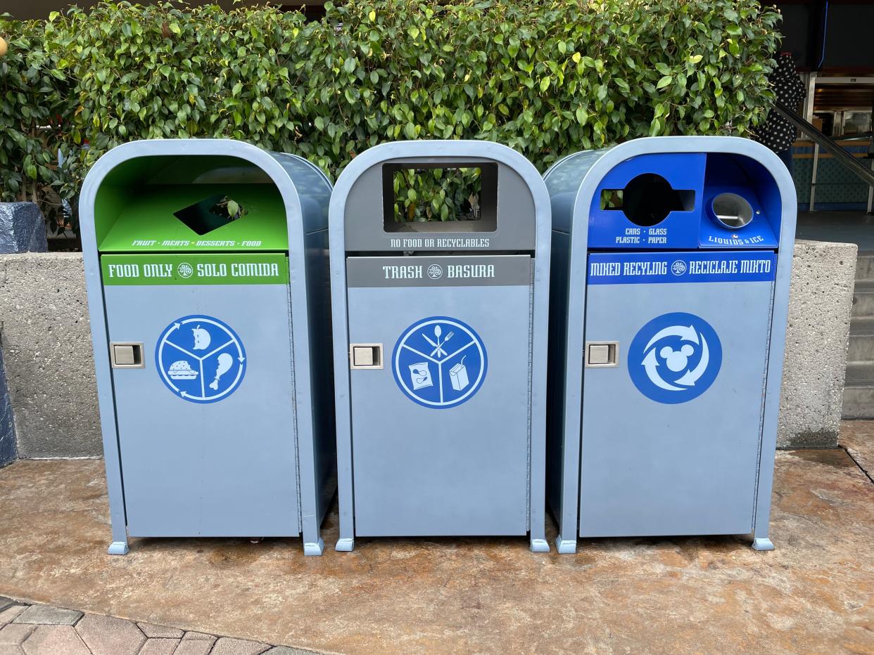 Guests sort their own food scraps, recycling and trash at Galactic Grill in Disneyland's Tomorrowland.