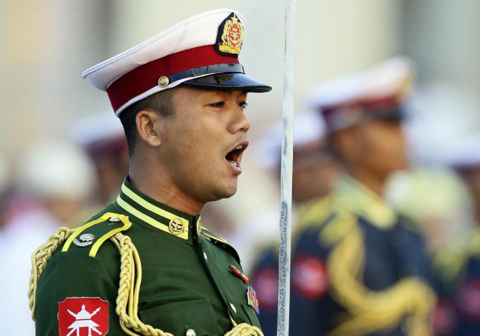 The commander of the honor guard shouts commands during a ceremony to mark Myanmar's 70th anniversary of Union Day in Naypyitaw, Myanmar, Sunday, Feb. 12, 2017. (AP Photo/Aung Shine Oo)