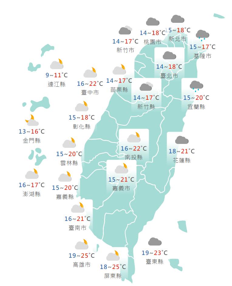 各縣市氣溫預報。（圖／中央氣象局）