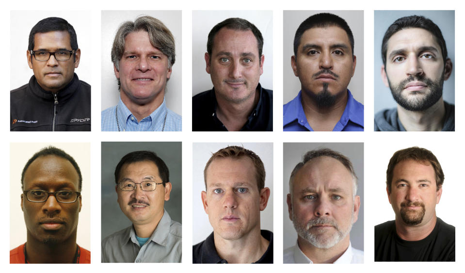 This combination of photos shows Associated Press photographers, top row from left, Marcio Jose Sanchez, Alex Brandon, David Goldman, Julio Cortez and John Minchillo. Bottom row from left, Frank Franklin II, Ringo H. W. Chiu, Evan Vucci, Mike Stewart and Noah Berger. The group was part of an AP team that won the 2021 Pulitzer Prize for breaking news photography. (AP Photo)