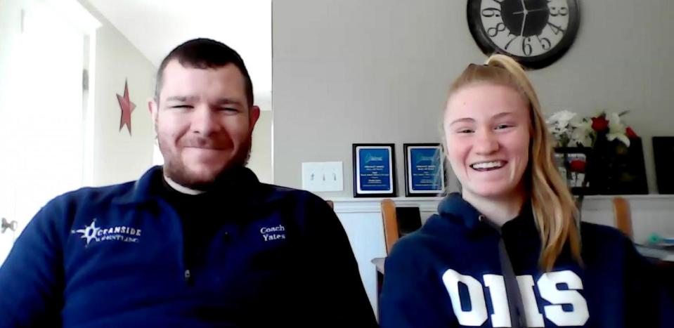 PHOTO: Maddie Ripley and her stepfather, Jason Yates, who is also her wrestling coach, talk to ABC News about her Maine State High School Class B championship win in the boy's division.  (ABC News)