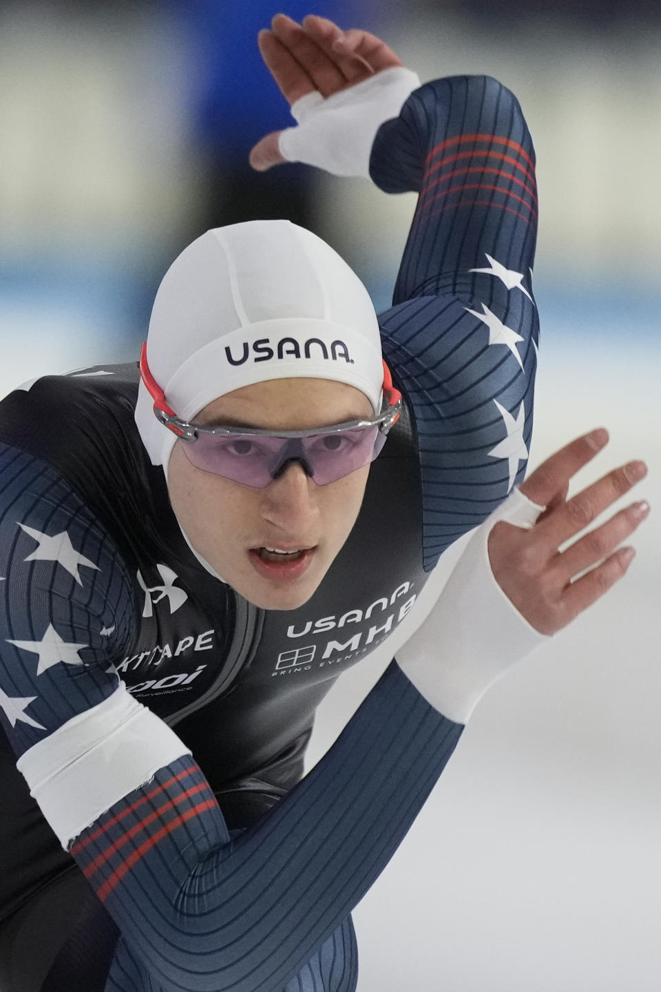 Jordan Stolz of the U.S. competes to win his third gold medal on the 1500m Men event of the Speedskating Single Distance World Championships at Thialf ice arena Heerenveen, Netherlands, Sunday, March 5, 2023. (AP Photo/Peter Dejong)