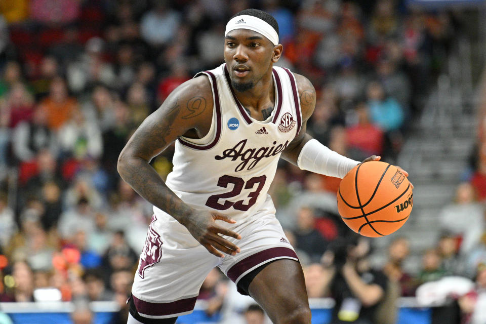 Mar 16, 2023; Des Moines, IA; Texas A&M Aggies guard Tyrece Radford (23) dribbles the ball against the Penn State Nittany Lions during the first half at Wells Fargo Arena. Jeffrey Becker-USA TODAY Sports