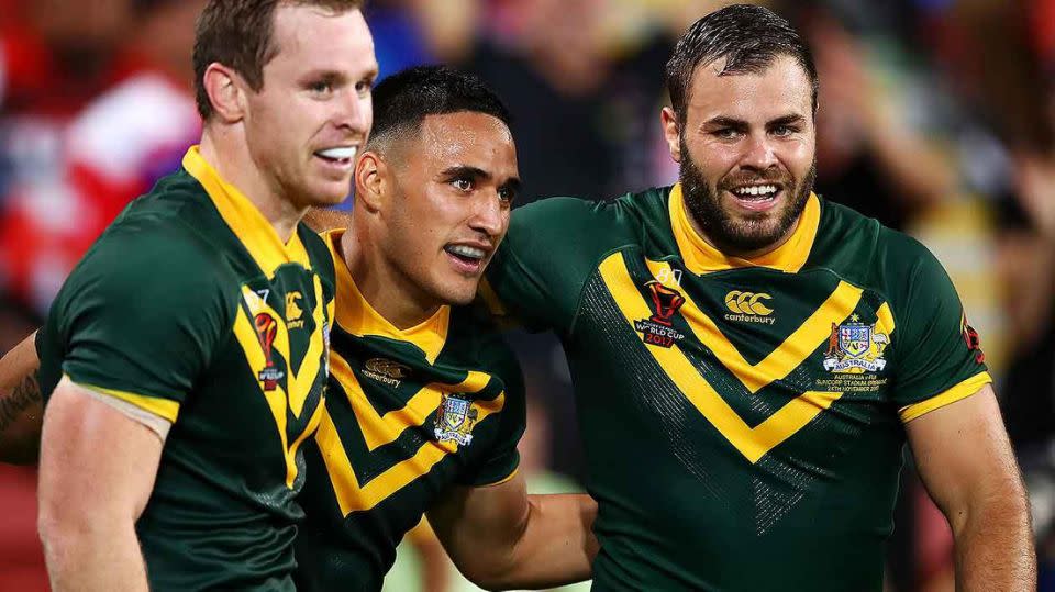 Holmes scored six tries in Kangaroos' win. Pic: Getty