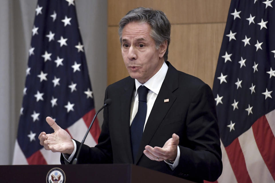 United States Secretary of State Antony Blinken speaks during a press conference at the Hyatt Regency in Tashkent, Uzbekistan, Wednesday, March 1, 2023. (Olivier Douliery/Pool Photo via AP)