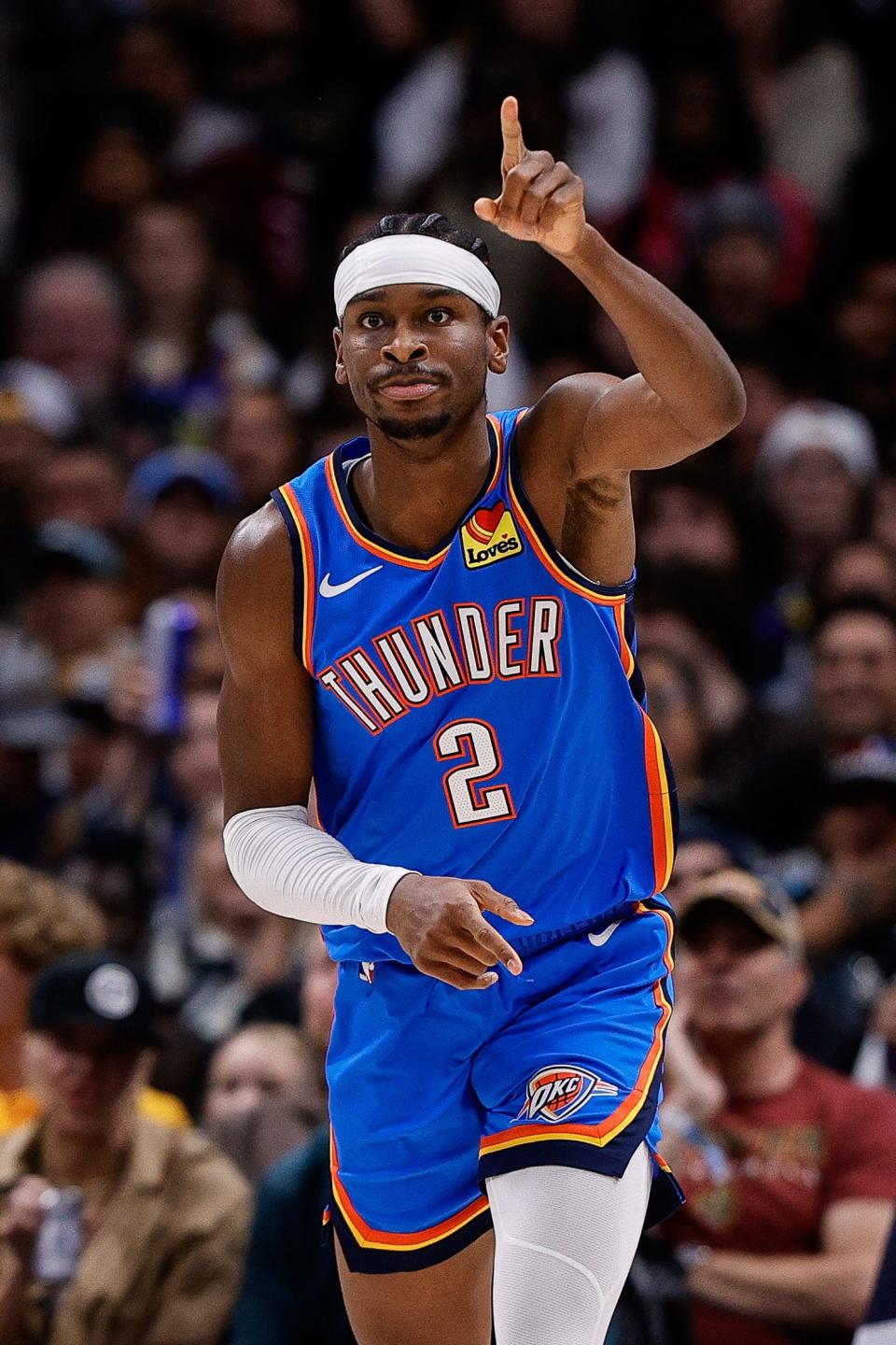 Dec 29, 2023; Denver, Colorado, USA; Oklahoma City Thunder guard Shai Gilgeous-Alexander (2) reacts after a basket in the third quarter against the Denver Nuggets at Ball Arena. Mandatory Credit: Isaiah J. Downing-USA TODAY Sports