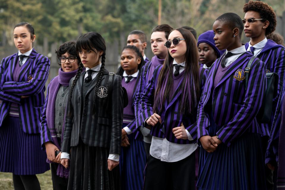 Wednesday. (L to R) Moosa Mostafa as Eugene Otinger, Jenna Ortega as Wednesday Addams, Naomi j Ogawa as Yoko Tanaka, Joy Sunday as Bianca Barclay in episode 103 of Wednesday. Cr.  Â© 2022