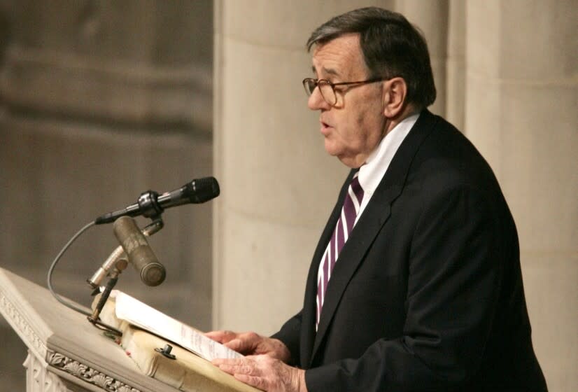 FILE - Mark Shields, a syndicated columnist and political analyst, speaks during a memorial service for the late U.S. Sen. William Proxmire, Saturday, April 1, 2006, at the National Cathedral in Washington. Shields, who shared his insight into American politics and wit on "PBS NewsHour" for decades, has died. He was 85. "PBS NewsHour" spokesman Nick Massella says Shields died Saturday, June 18, 2022 of kidney failure at his home in Chevy Chase, Md. (AP Photo/Haraz N. Ghanbari, File)