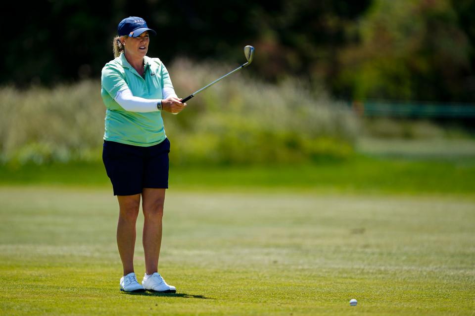 Cristie Kerr lines up her second shot on the third hole during the first round of the ShopRite LPGA Classic golf tournament, Friday, June 10, 2022, in Galloway, N.J. (AP Photo/Matt Rourke)