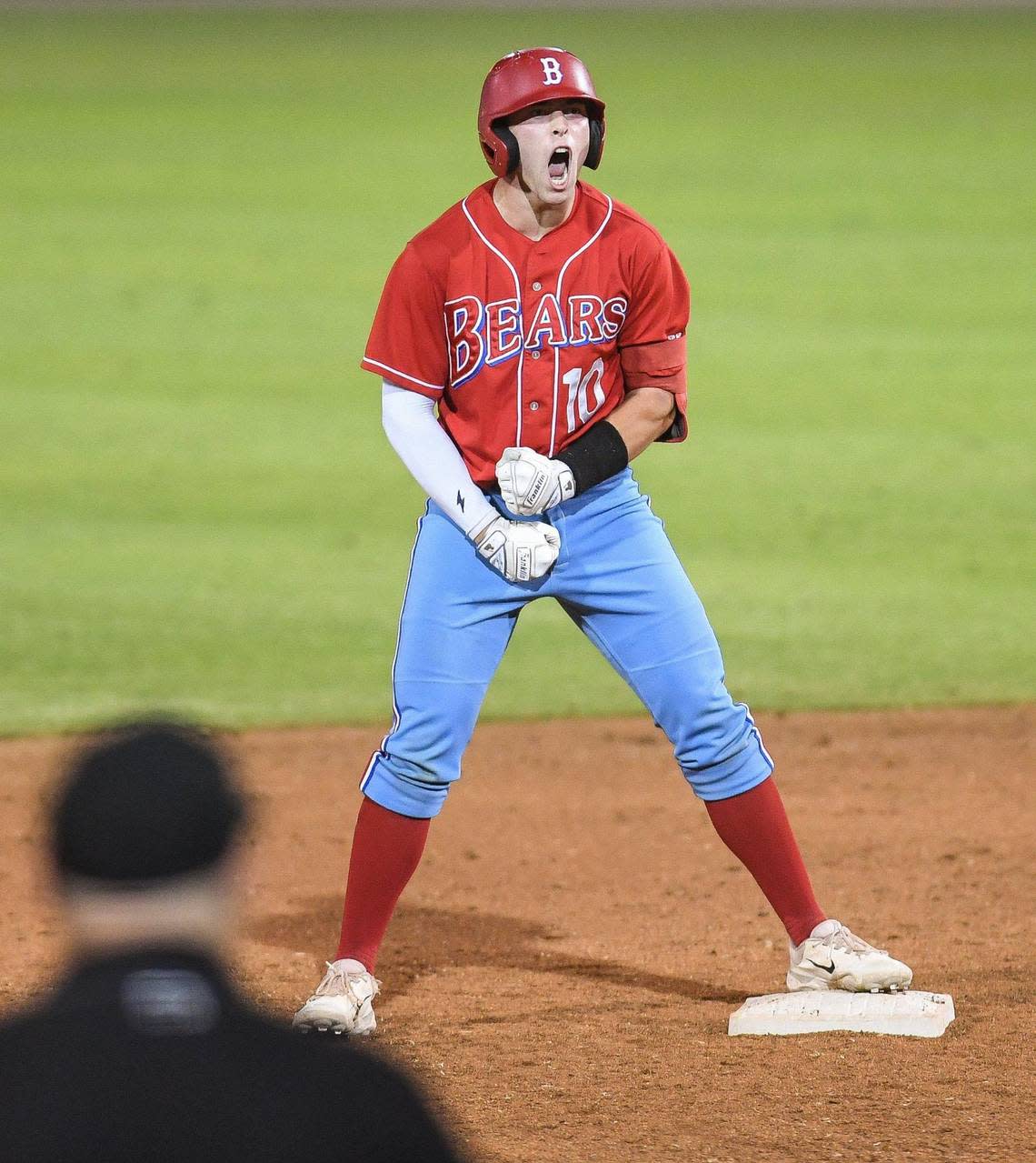 Buchanan catcher Peyton Barsotti cheers toward the dugout after hitting an RBI double against Centennial in their Central Section D-1 baseball championship game at Valley Strong Ballpark on Saturday, May 28, 2023.