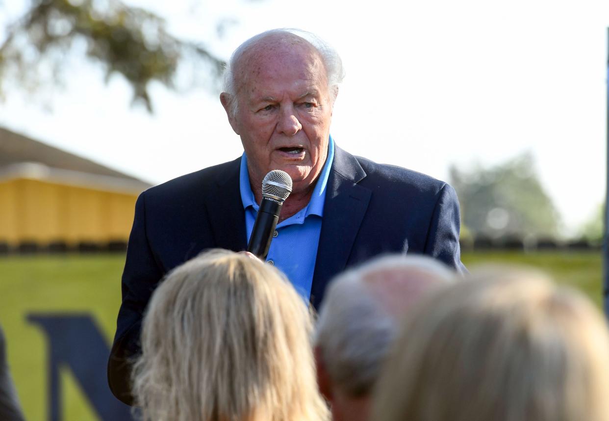 T. Denny Sanford speaks at the groundbreaking for Midco Arena, which will host a new Augustana University hockey team, on Tuesday, October 5, 2021, on the corner of 33rd Street and Grange Avenue in Sioux Falls. Sanford made the largest donation in the history of the university for this new complex.