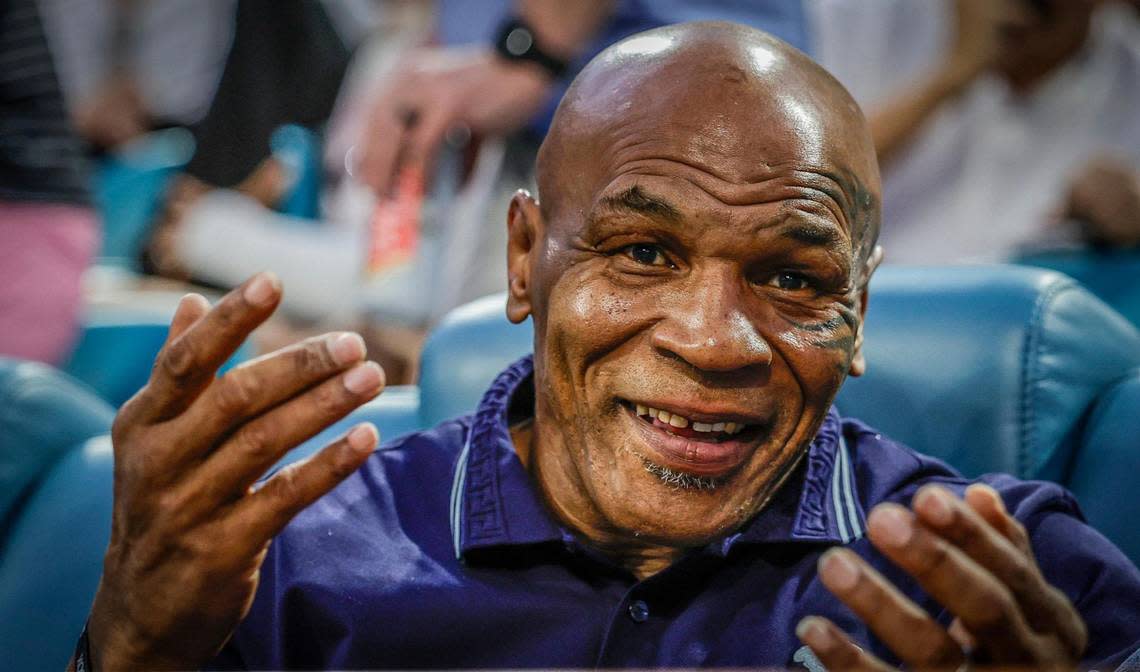 Mike Tyson reacts during the match between Carlos Alcaraz of Spain and Grigor Dimitrov of Bulgaria during the Miami Open Tennis Tournament at Hard Rock Stadium in Miami Gardens, Florida on Thursday, March 28, 2024.