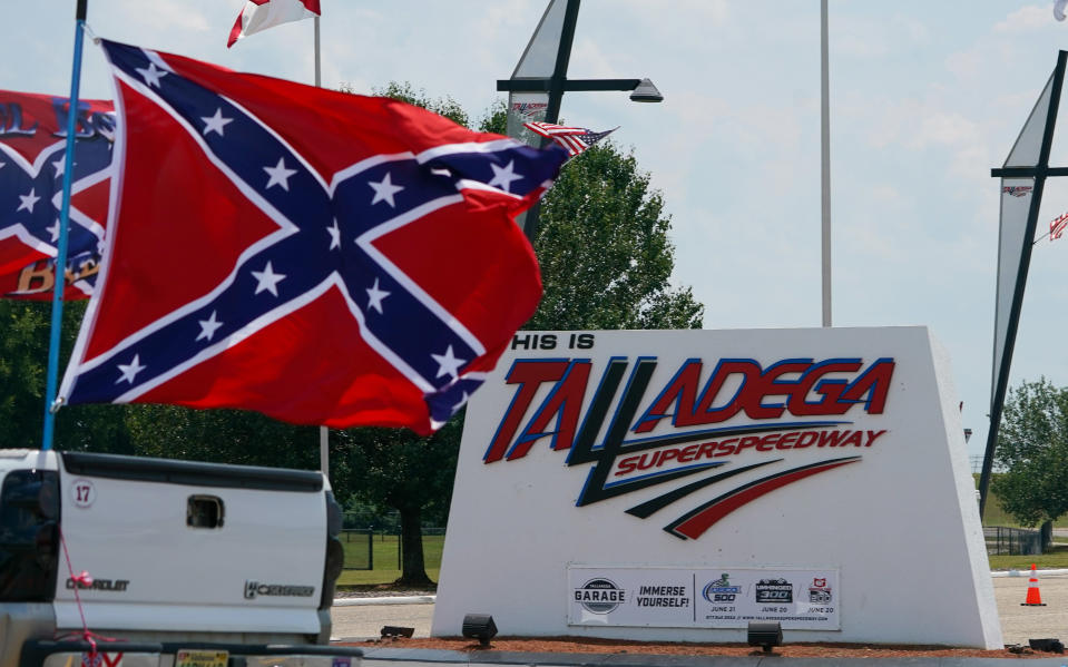 Protesters of NASCAR banning the Confederate flag cruise down Speedway Blvd prior to the race on Sunday at Talladega Superspeedway. (Marvin Gentry-USA TODAY Sports via Reuters)