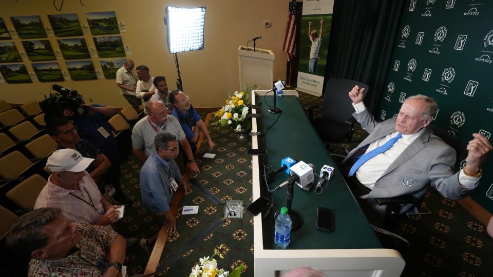 May 31, 2022; Columbus, Ohio, USA;  Jack Nicklaus talks at his annual news conference prior to the Memorial Tournament on May 31, 2022 at the Muirfield Village Golf Club in Dublin, Ohio. Mandatory Credit: Doral Chenoweth-The Columbus Dispatch