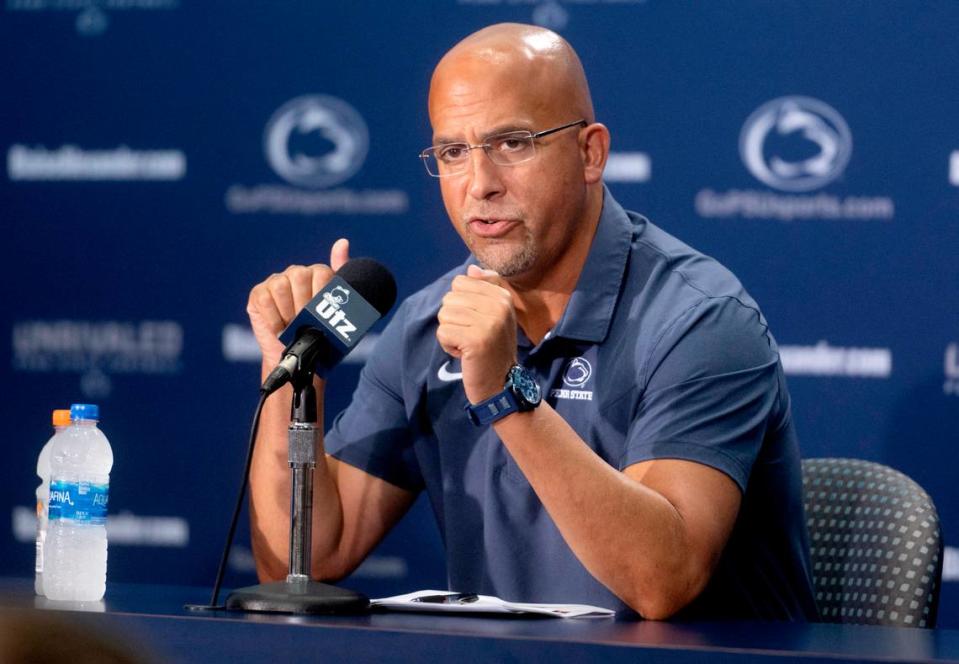 Penn State football coach James Franklin answers questions during media day on Saturday, Aug. 6, 2022.