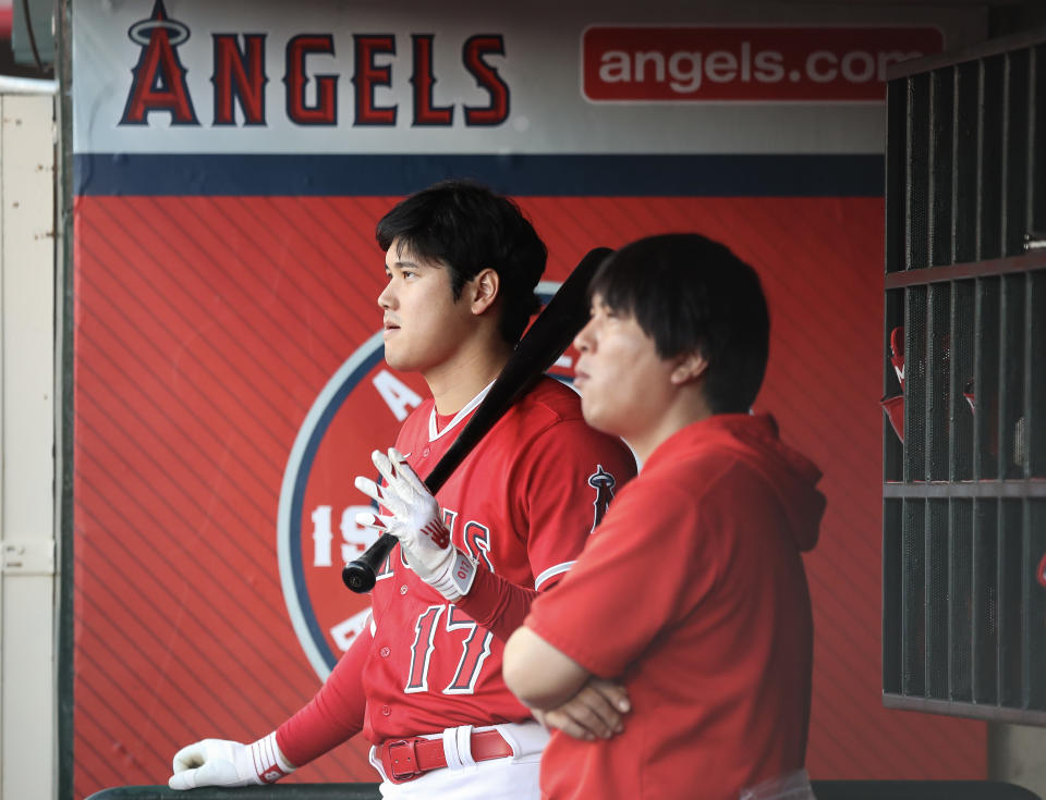 Shohei Ohtani #17 of the Los Angeles Angels looks on from the dugout before the game against the Cincinnati Reds at Angel Stadium of Anaheim on August 22, 2023 in Anaheim, California. (Photo by Meg Oliphant/Getty Images)