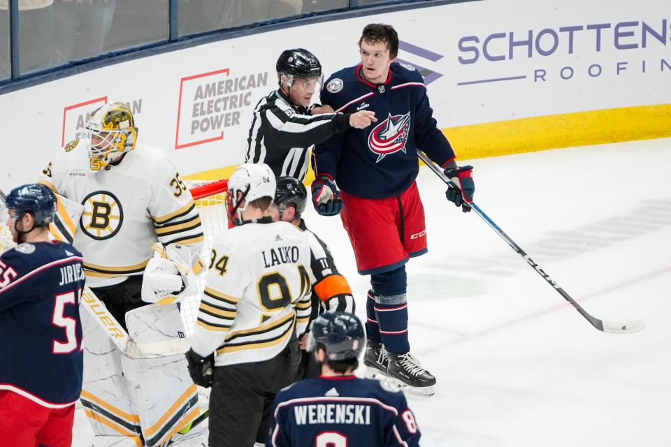 Nov 27, 2023; Columbus, Ohio, USA; Columbus Blue Jackets left wing Dmitri Voronkov (10) is sent off for interference during the second period of the NHL game against the Boston Bruins at Nationwide Arena.