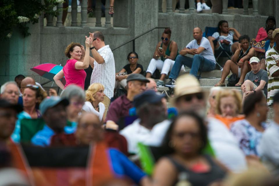 The 35th annual Clifford Brown Jazz Festival will give people lots to dance about at Rodney Square from June 15 to 18. A couple dances in the crowd as Karen Rodriguez performs at the jazz festival in 2017.