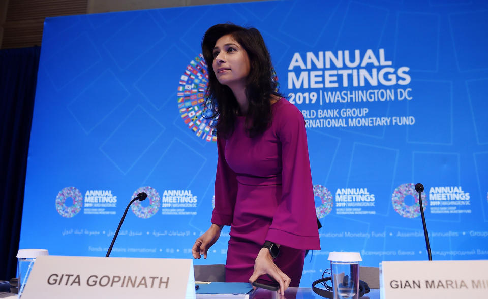 Gita Gopinath arrives for a briefing during the IMF and World Bank Fall Meetings in Washington, D.C. on Oct. 15, 2019. | Olivier Douliery—AFP/Getty Images