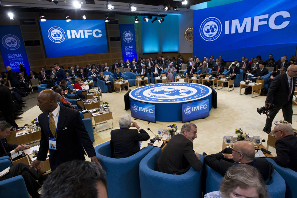 International Monetary and Financial Committee meeting, at the World Bank/IMF Spring Meetings in Washington, Saturday, April 13, 2019. (AP Photo/Jose Luis Magana)