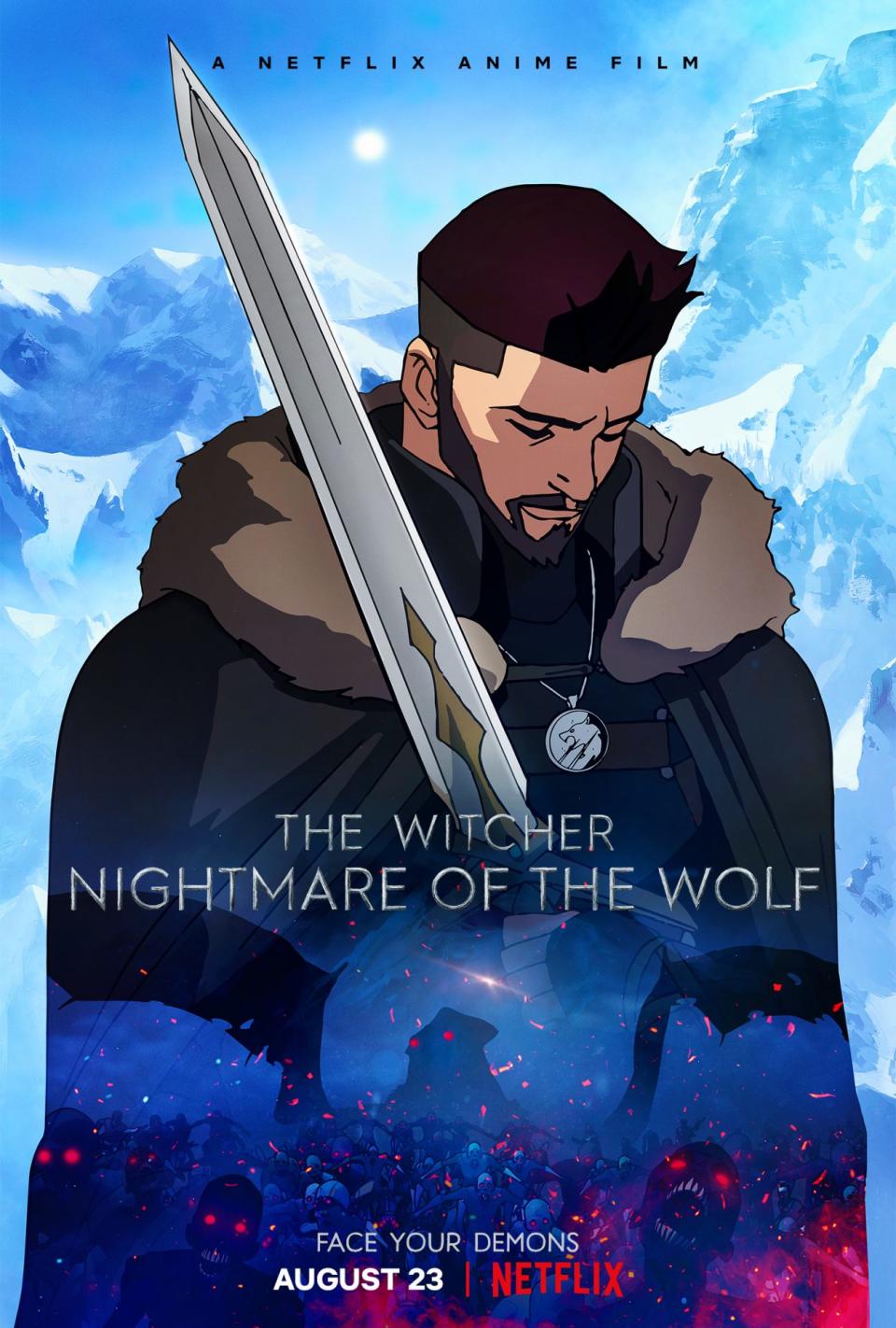poster for The WItcher Nightmare of the Wolf Netflix showing Vesemir, a man wearing a fur lined cape and holding a sword looking down at demons