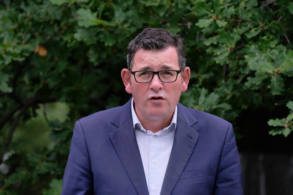 MELBOURNE, AUSTRALIA - FEBRUARY 13: Victorian Premier Daniel Andrews addresses the media during a press conference on February 13, 2021 in Melbourne, Australia. Victoria is in stage 4 lockdown from as of midnight for five days following the confirmation of new COVID-19 cases of the UK virus strain in the community linked to the Holiday Inn quarantine hotel. Victorians are only able to leave their homes for essential shopping, caregiving, essential work or permitted education, or exercise for two hours per day with household members only. People must stay within a 5km radius of home. The stage 4 restrictions are due to end at 11:59pm on Wednesday 17 February. (Photo by Luis Ascui/Getty Images)