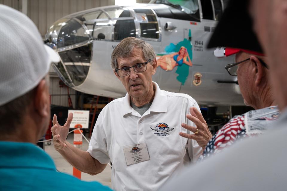 Tom Webster (docent) answers questions during a tour, Oct. 12, 2022, at the Arizona Commemorative Air Force Museum, 2017 N. Greenfield Road, Mesa, Ariz.