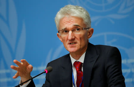 U.N. humanitarian coordinator Mark Lowcock attends a news conference at the United Nations in Geneva, Switzerland, September 10, 2018. REUTERS/Denis Balibouse