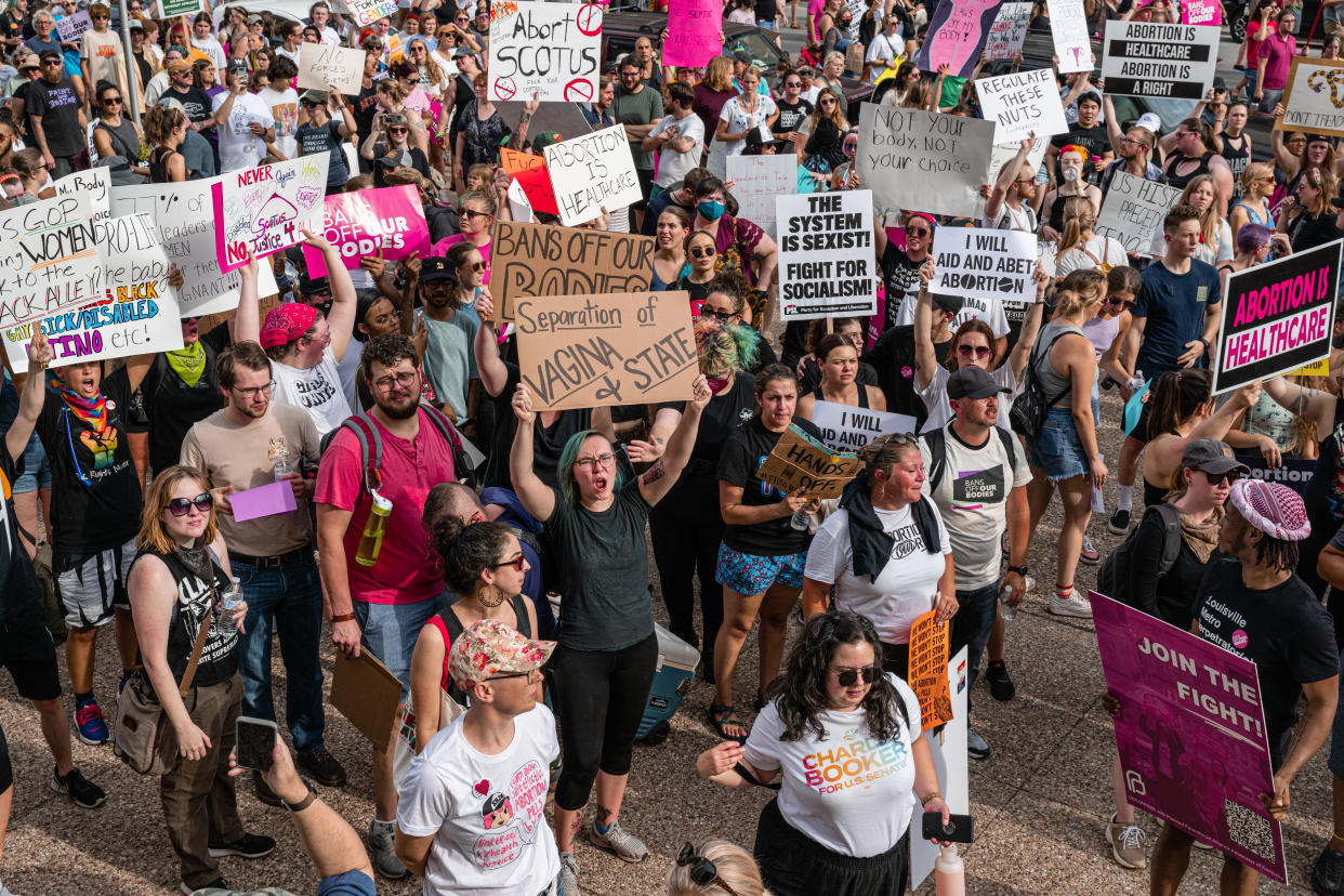 Abortion rights protesters display signs saying, for example: Separation of Vagina & State; Abort SCOTUS; Abortion Is Healthcare, Abortion Is a Right; and Regulate These Nuts.