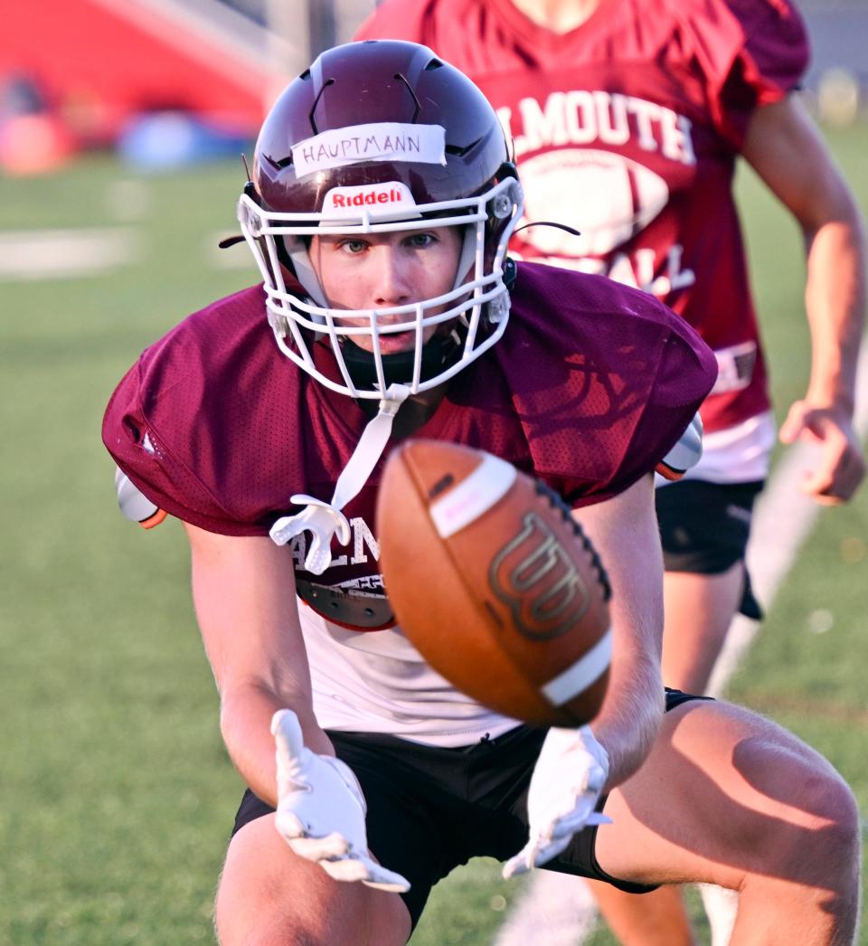 Falmouth wide receiver Evan Hauptmann during a recent football practice.