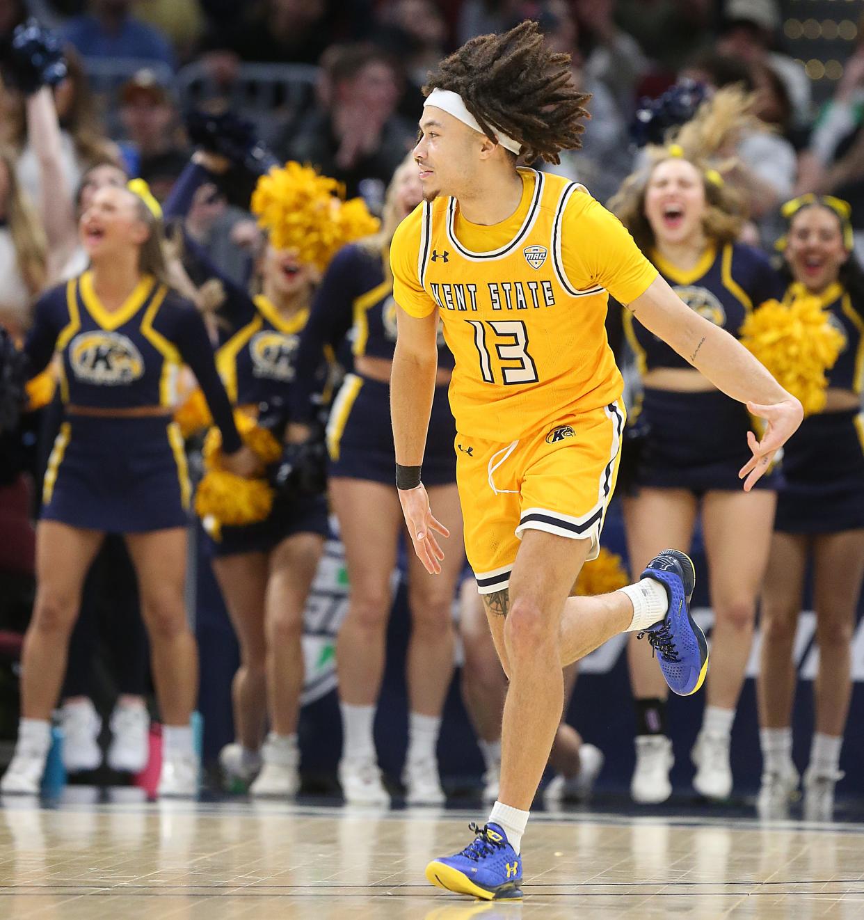 Kent State’s Jalen Sullinger celebrates a second-half 3-pointer against Toledo in the MAC championship game Saturday, March 11, 2023 in Cleveland.