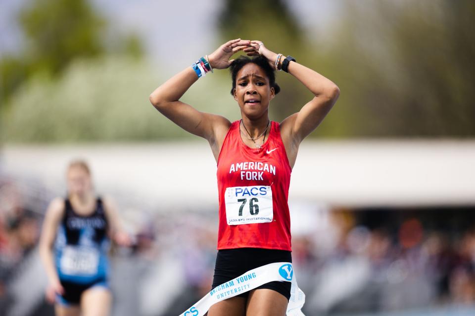 American Fork’s Desirae Riehle reacts after winning the girls 400-meter during the BYU Track Invitational at the Clarence F. Robison Outdoor Track & Field in Provo on May 6, 2023. | Ryan Sun, Deseret News