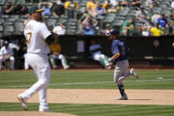 Tampa Bay Rays' Brandon Lowe (8) rounds the bases after hitting a two-run home run off Oakland Athletics starting pitcher Frankie Montas (47) during the sixth inning of a baseball game Saturday, May 8, 2021, in Oakland, Calif. (AP Photo/Tony Avelar)
