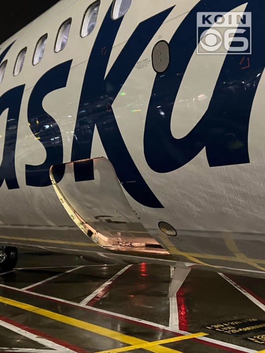 Alaska Airlines Flight 1437 cargo door ajar as it landed at PDX from Los Cabos, Mexico on March 1, 2024. Photo was exclusively obtained by KOIN 6 News.